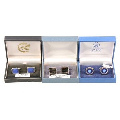 Lot 305 - Three pairs of silver cufflinks, two pair by Carrs - new and boxed.