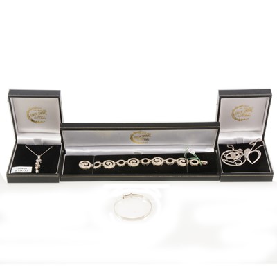 Lot 217 - Silver jewellery set with clear stones, D for Diamond cross bangle- new and boxed.