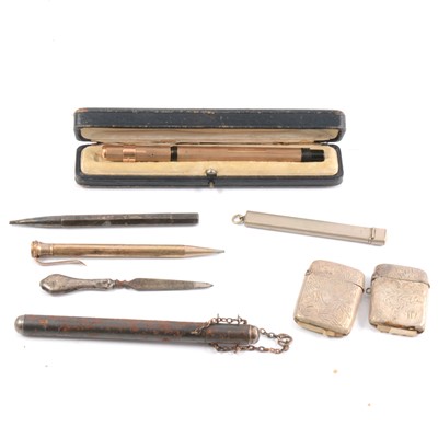 Lot 307 - Onoto 9 carat gold fountain pen, rolled gold pencil, pen holder, two silver vesta cases.