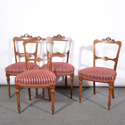 Lot 326 - Set of four Edwardian walnut and inlaid balloon-back dining chairs, and another chair