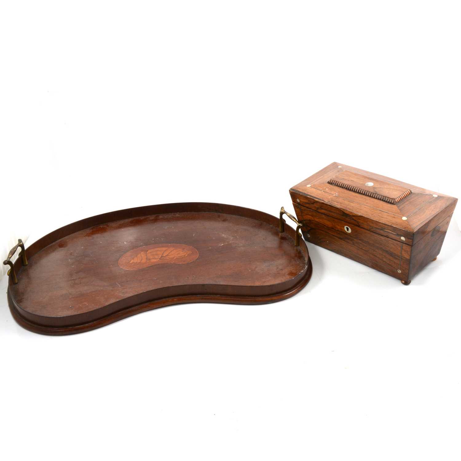 Lot 93 - Early Victorian mahogany rosewood tea caddy and mahogany galleried tray.