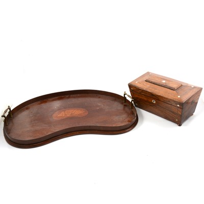 Lot 93 - Early Victorian mahogany rosewood tea caddy and mahogany galleried tray.