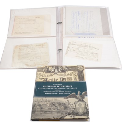 Lot 197 - English, Welsh and European bond and share certificates, and illustrated book.