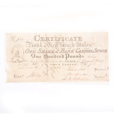 Lot 194 - 'Botany Bay Rothschild' - Bank of New South Wales share certificate in name of Samuel Terry.