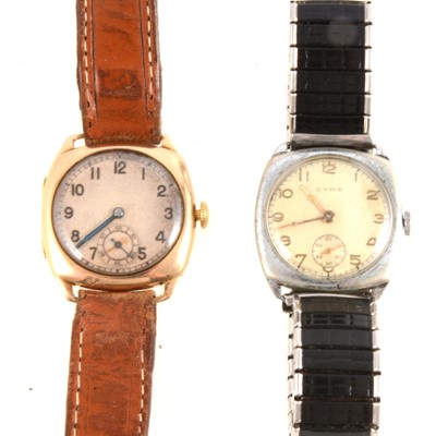 Lot 229 - A gentleman's 9 carat gold vintage wristwatch, Cyma steel watch