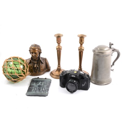 Lot 113 - Aneroid wall barometer, and other metalware and stoneware flagon, etc