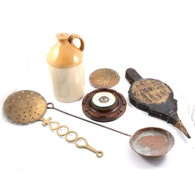 Lot 113 - Aneroid wall barometer, and other metalware and stoneware flagon, etc