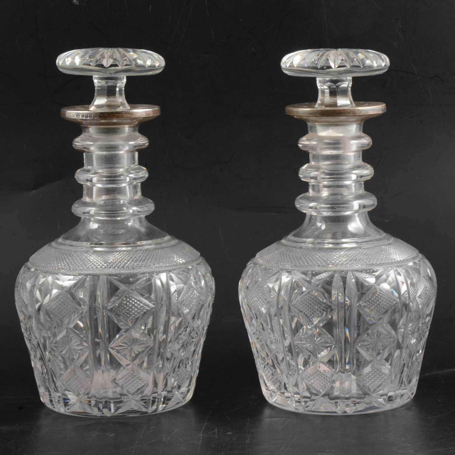 Lot 1 - Pair of crystal decanters with silver collars, John Round & Son Ltd, Sheffield 1926.