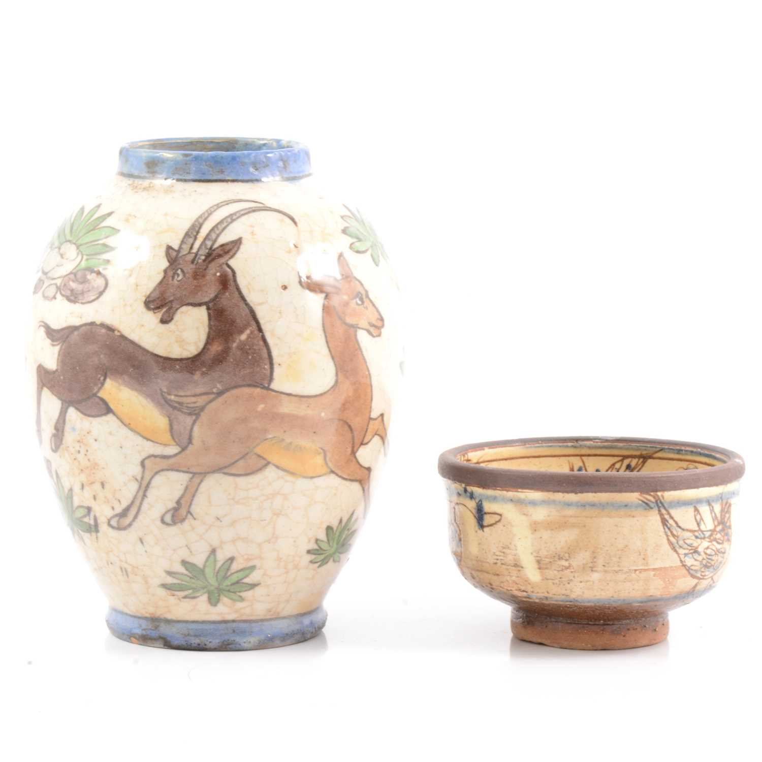 Lot 9 - Iznik pottery glazed vase with Antelope and bowl.