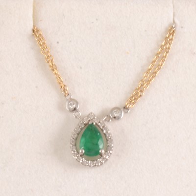 Lot 197 - Effy - A pear shaped emerald and diamond cluster pendant.