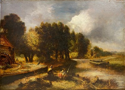 Lot 114 - Follower of John Constable, Figures by a water mill