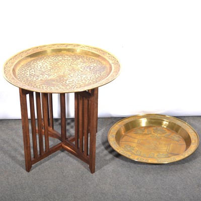 Lot 587 - Large brass tray top table, and other brass ware