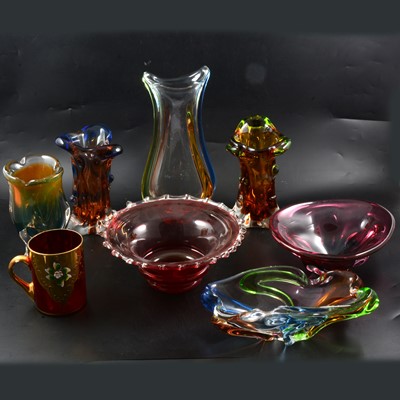 Lot 38 - Seven Murano style glass vessels, and another decorative glass tankard.