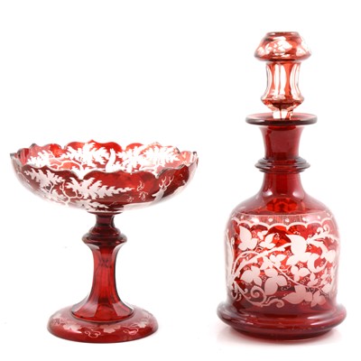 Lot 28 - Continental ruby overlaid glass decanter, and a similar comport.