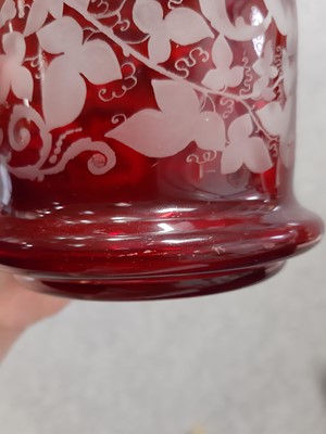 Lot 28 - Continental ruby overlaid glass decanter, and a similar comport.