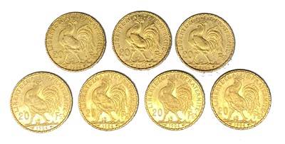 Lot 123 - French Republic, seven 20 Franc gold coins, 1904