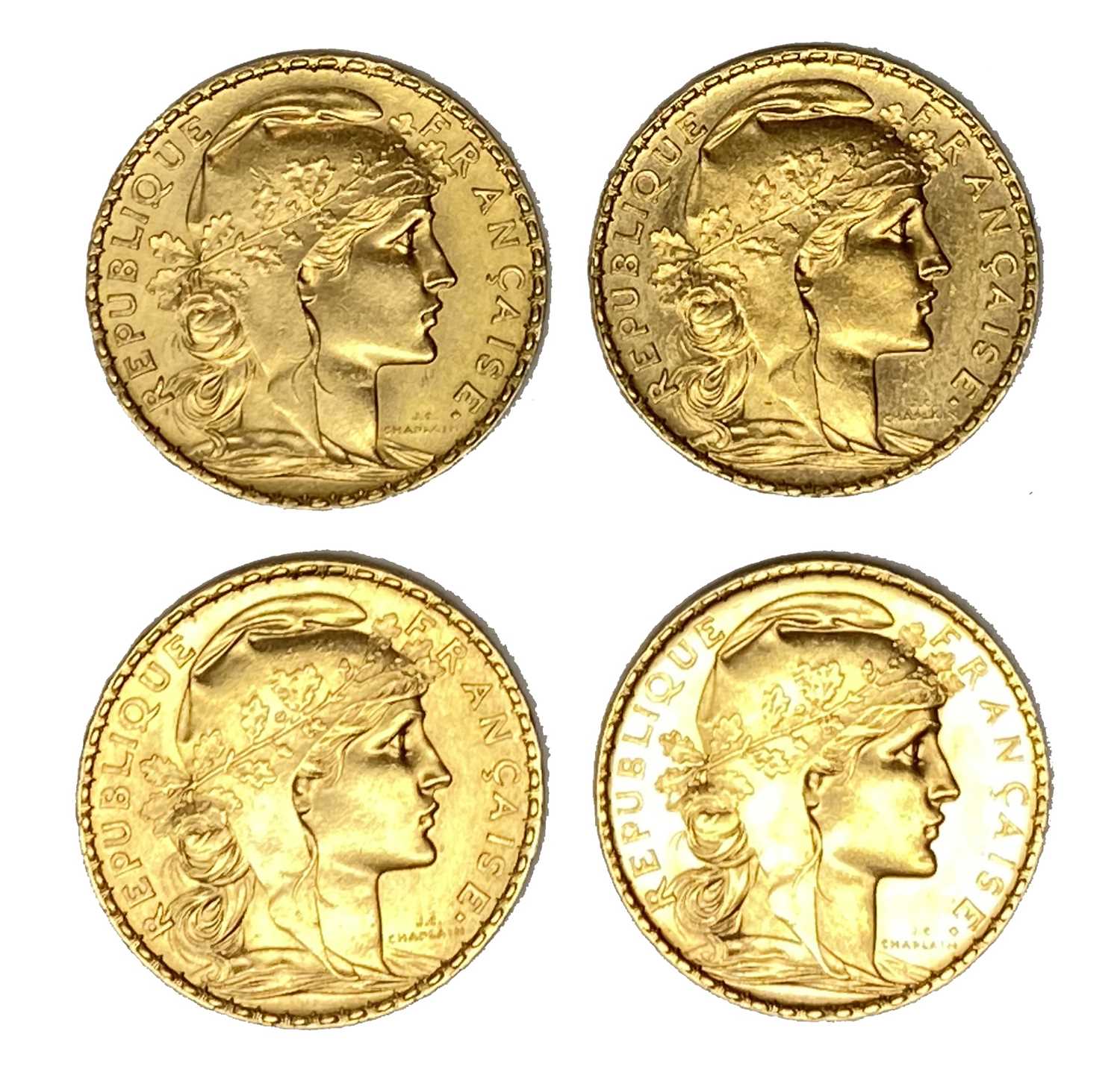 Lot 124 - French Republic four 20 Franc gold coins, 1905