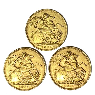 Lot 426 - Edward VII three gold Sovereign coins, 1903