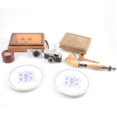 Lot 92 - Inlaid Tunbridge style box, carved pipe with cloven foot, cameras.