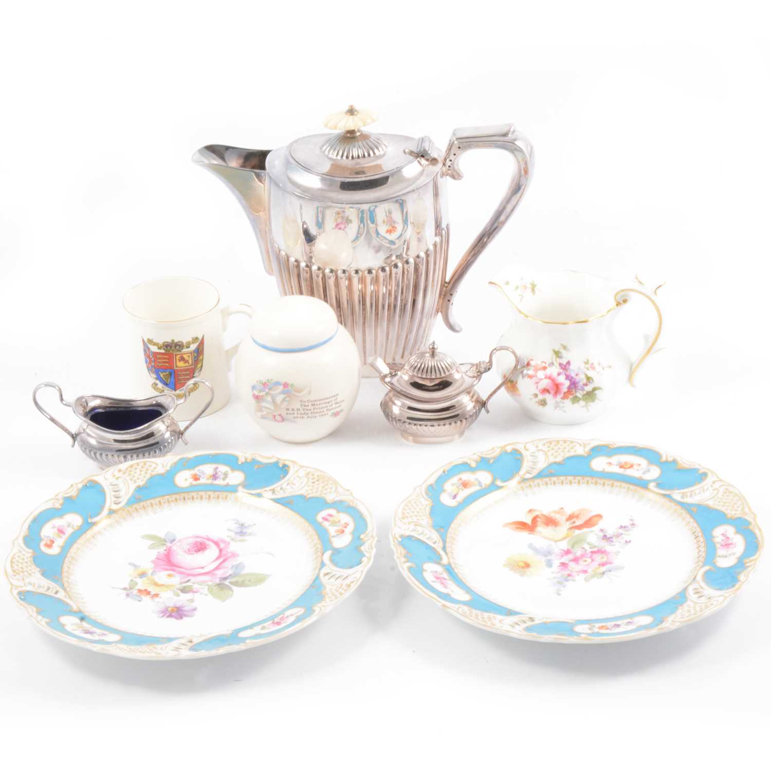 Lot 11 - Nymphenburg comport and plates, royal commemorative mugs, and silver-plated wares.