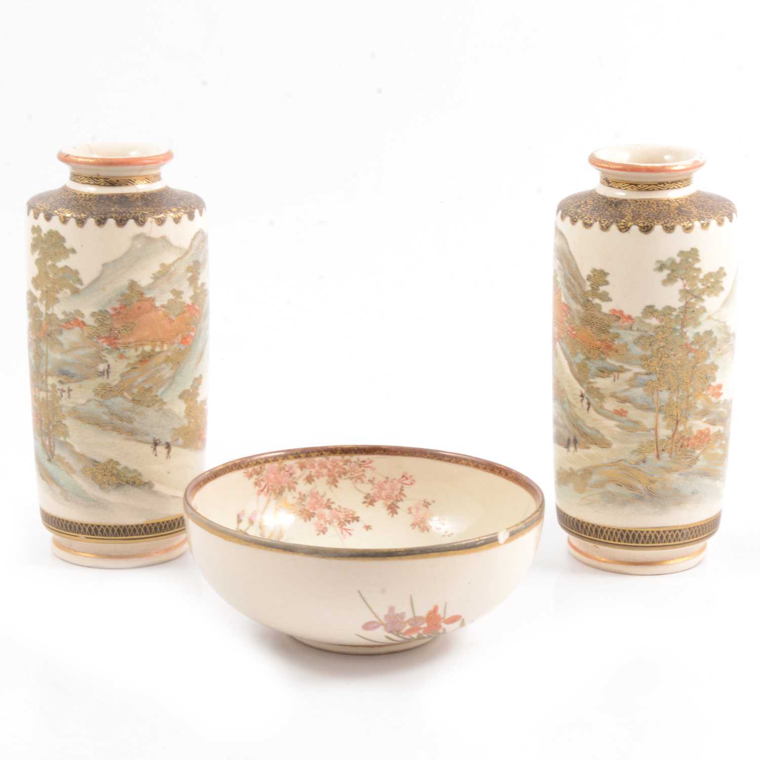 Lot 3 - Pair of Japanese Satsuma vases and a small bowl.