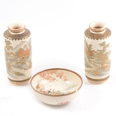 Lot 3 - Pair of Japanese Satsuma vases and a small bowl.