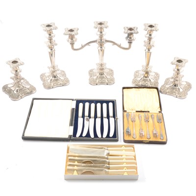 Lot 118 - Set of five silver-plated candle holders and other plated wares.