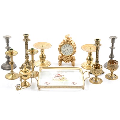 Lot 105 - Brass and pewter candlesticks and other items.