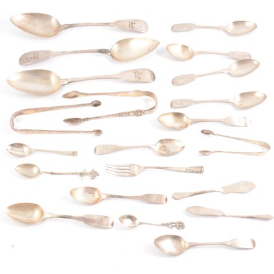 Lot 133 - Irish silver tablespoons, Stephen Bergin, Dublin 1820, and Irish / English silver sugar tongs / spoons.