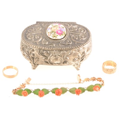 Lot 177 - Two gold wedding rings and a coral and jade bracelet.