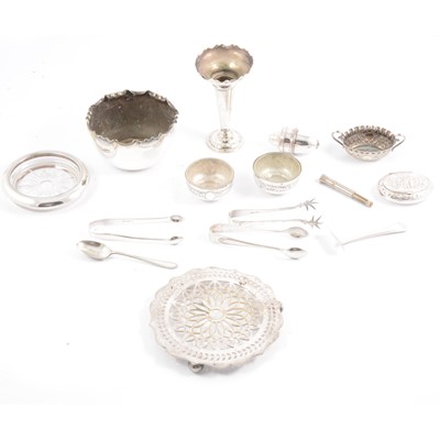 Lot 88 - Silver-plated spill vase, salts, trivet and other plated wares.