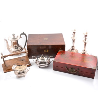 Lot 88 - Mahogany writing slope, a musical cigarette  modern oriental chess set, plated ware.