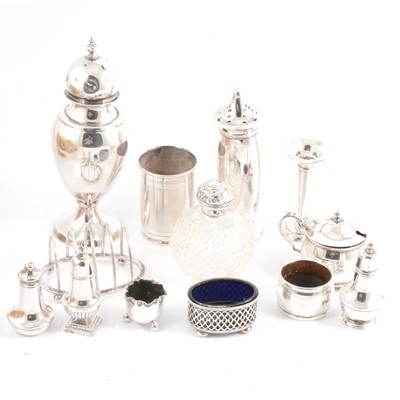 Lot 138 - Silver sugar caster, Charles Edwards, London 1917, plus other silver items.