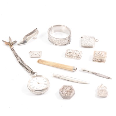 Lot 144 - Silver pocket watch, ARP cap badge, vesta, pill box and other small silver items.