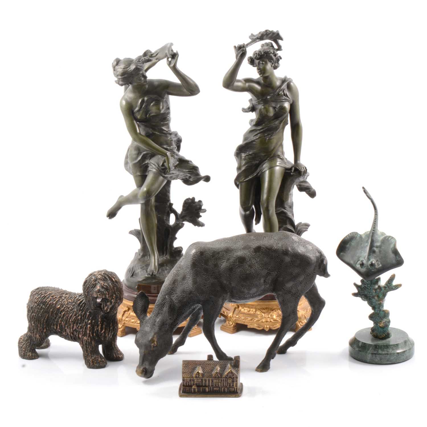 Lot 168 - After Ferrand, pair of spelter figures, etc.