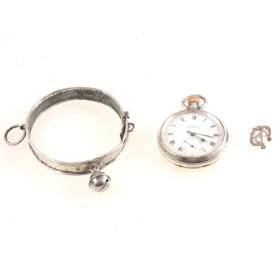 Lot 311 - Victorian silver cat collar, open face pocket watch, small brooch.