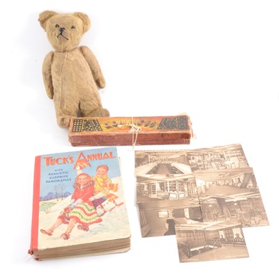 Lot 65 - Chad Valley Teddy Bear, 1925 purchased on C.P.S. Montcalm with six postcards of the ship, dominoes