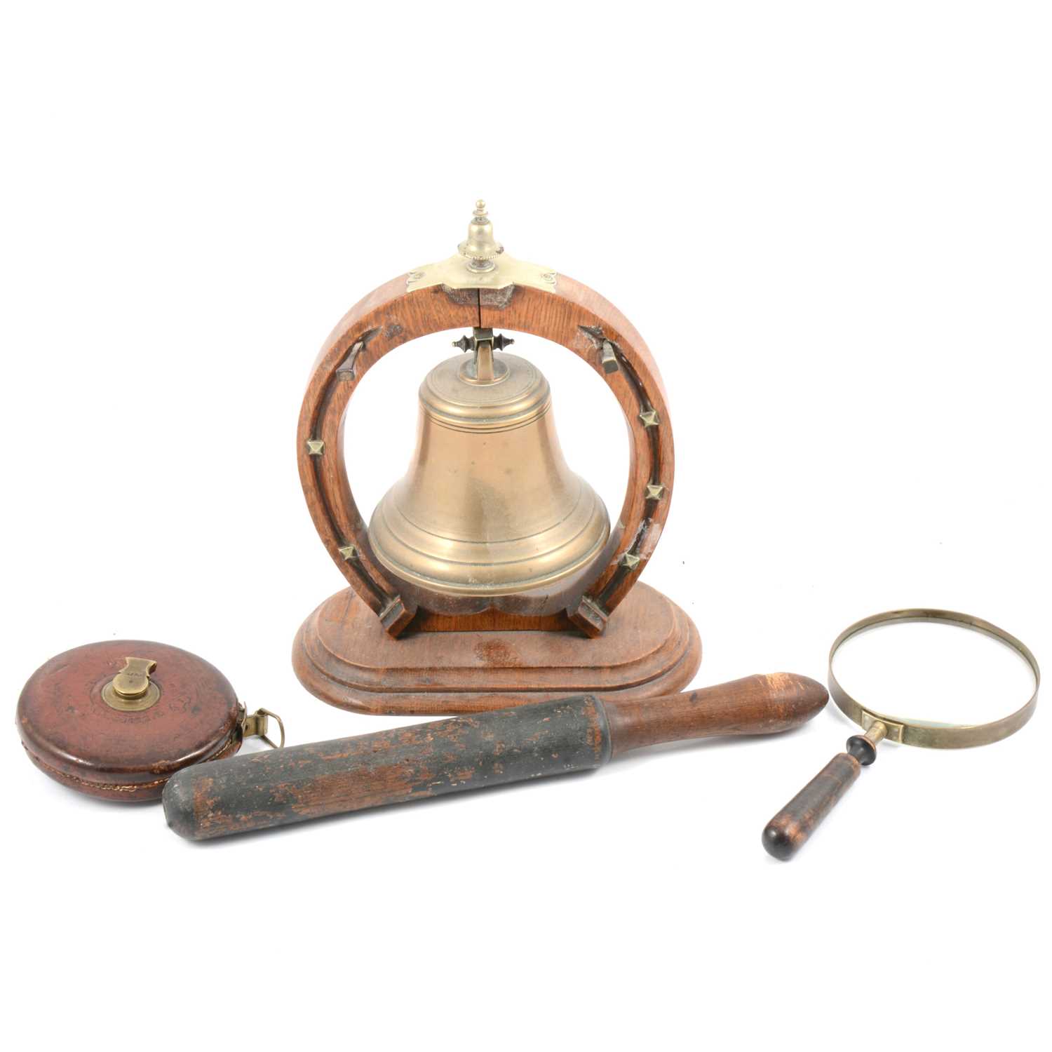 Lot 58 - Bow Street Runners truncheon, table bell, magnifying glass, and a tape measure.