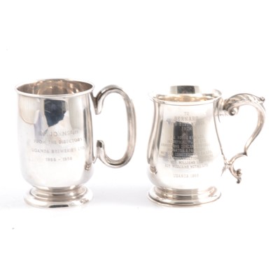 Lot 175 - Two silver tankards, personal inscriptions to both.