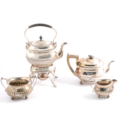 Lot 282 - Silver three piece teaset plus kettle and stand by Martin, Hall & Co