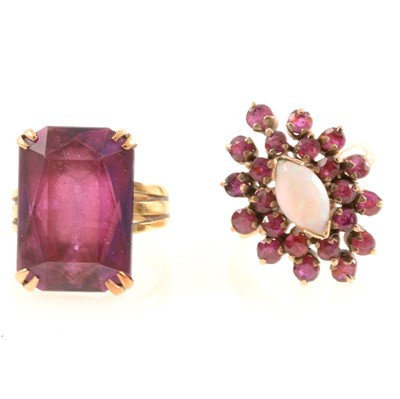 Lot 168 - Two dress rings, ruby and opal, synthetic corundum, both marked 14K.