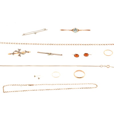 Lot 237 - Collection of bar brooches, gold chains, earrings, gold rings.