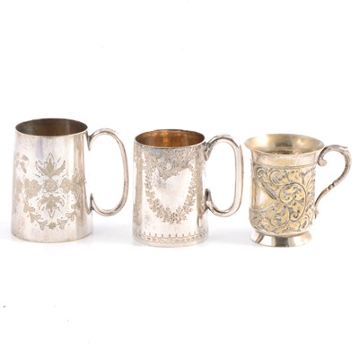 Lot 180 - Victorian silver christening mug, Atkin Brothers, Sheffield 1890, and silver-plated mugs.