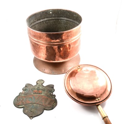 Lot 92 - Copper coal bucket, warming pan, plated teaset and other plated wares.