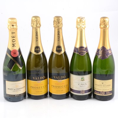 Lot 223 - Five bottles of sparkling wine, including Moet champagne