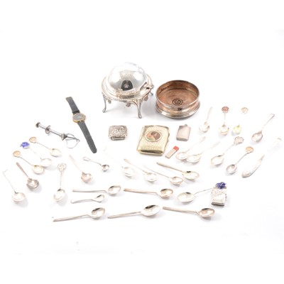 Lot 190 - Quantity of silver spoons, silver vesta case, powder box, Gucci watch, silver-plated wares.