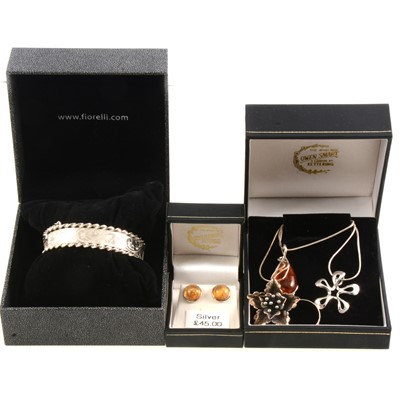 Lot 247 - New silver jewellery, bangle, amber pendant, earrings and ring.