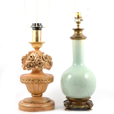 Lot 559 - Crackle glazed celadon and gilt metal mounted table lamp; and another.