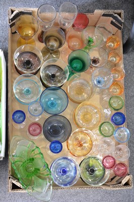 Lot 60 - Multicoloured glass ice cream dessert bowls, wine and liqueur glasses, and other glasswares.