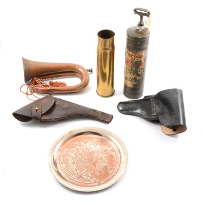 Lot 111 - American bras fire extinguisher, bugle, holsters, etc
